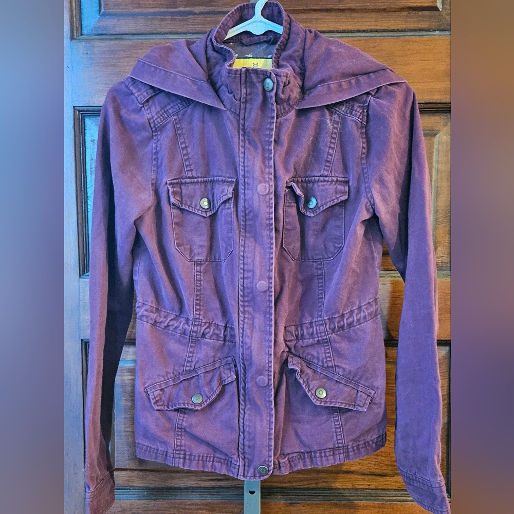 XS, Prince & Fox Purple/Burgundy Cargo Jacket Coat, Hooded Pockets Lined Warm